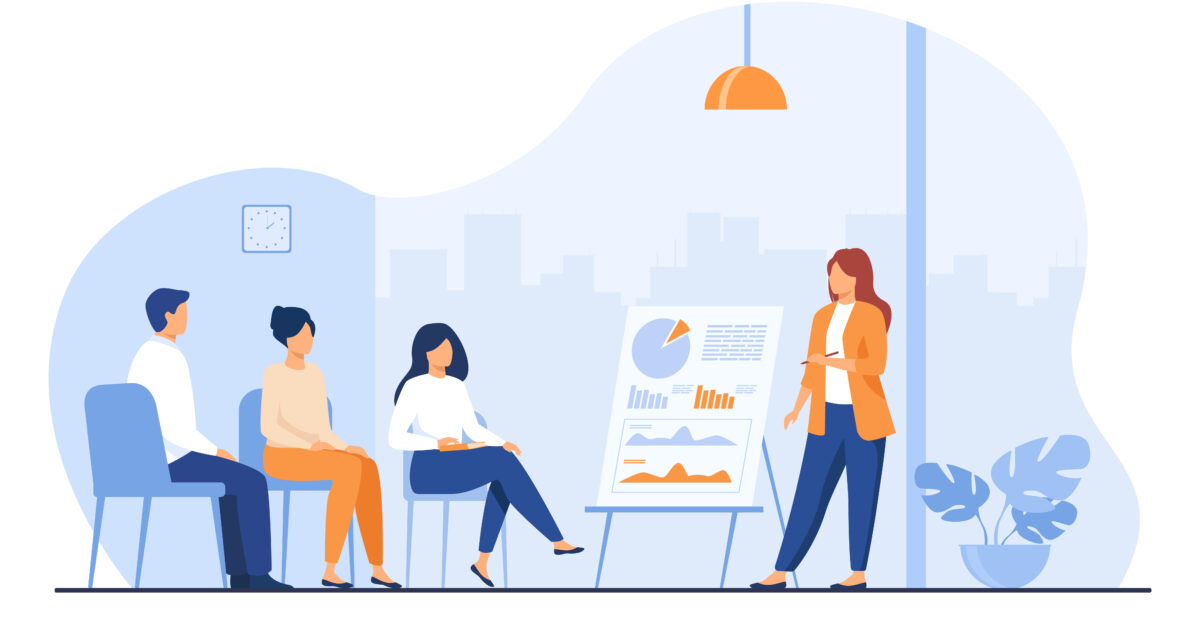 Coach speaking before audience. Mentor presenting charts and reports, Employees meeting at business training, seminar or conference. Vector illustration for presentation, lecture, education concept